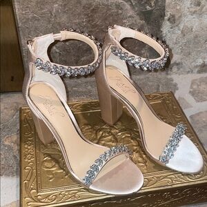 Badgley Mischka Champagne Satin Heels with Rhinestones